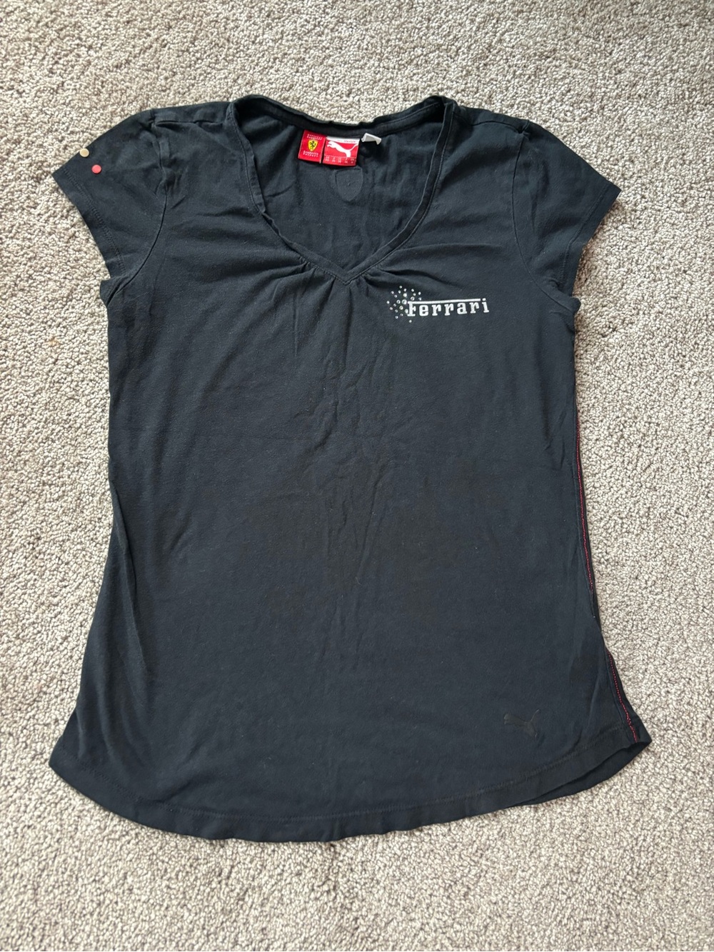 Ferrari Black V-Neck Women's Logo Tee with Red Trim